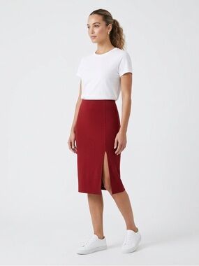 Forever 21 Red Knit Stretch Midi Pencil Skirt S Front Side Slit